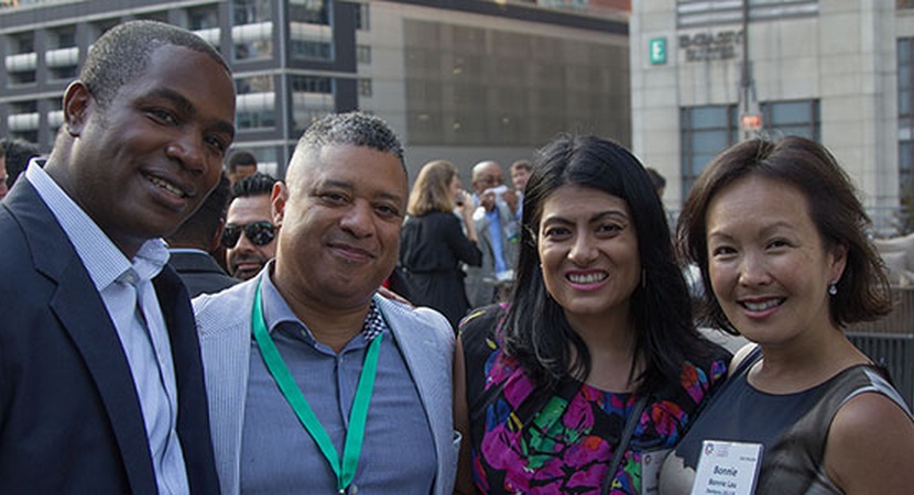 (L to R): 2012 Fellow Corey Lee and 2013 Fellows Daron Watts, Reena Bajowala, and Bonnie Lau at the Fifth Annual LCLD Fellows Alumni Conference in Chicago, June 2016. (Photo by 2012 Fellow Nabil Foster)