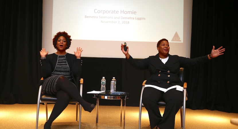 On their "Corporate Homie" podcast, Demetra Liggins, left, and her twin sister Bemetra Simmons offer listeners wisdom and heartfelt advice on lifestyle and career. (Photo by Joe Mahoney)