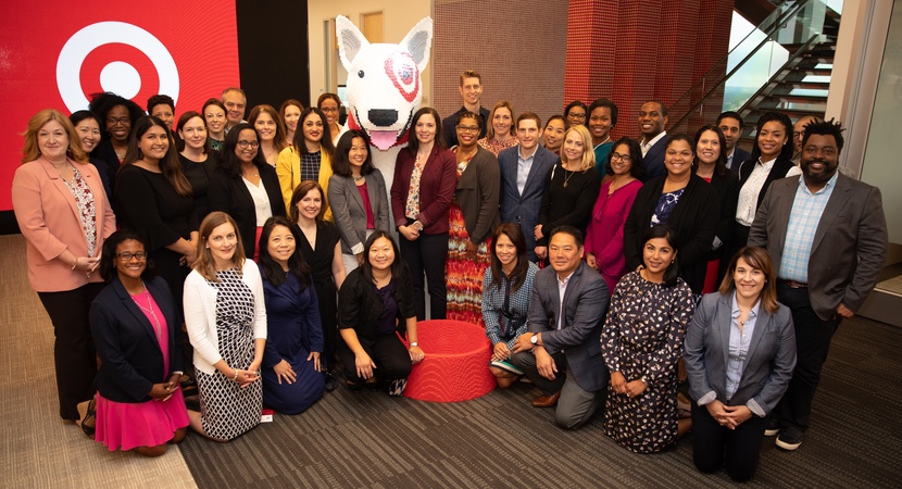 Pausing during the LCLD Learning Experience at Target headquarters, the 2019 Fellows posed with a replica of Bullseye, the company mascot. (Photos by Jason Faulkner)