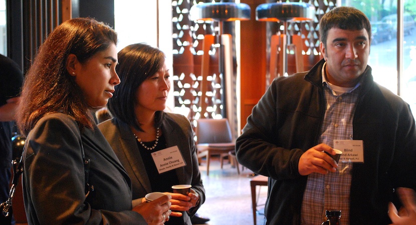 Fellows Monica Patel, Annie Chuang, and Blind Arkawi learning about new brewing techniques from a Starbucks partner. (Photos by Caitlin Puffenberger) 