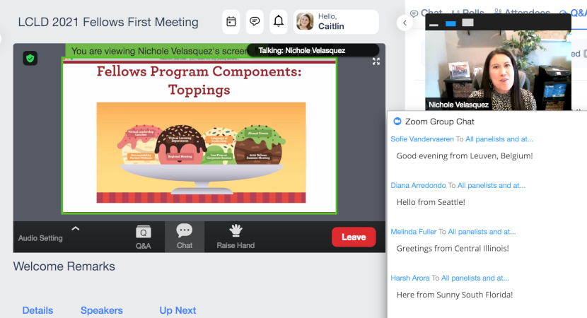 Fellows Program Manager Nichole Velasquez welcomes the 2021 class to the virtual meeting. (Photo by Caitlin Puffenberger)