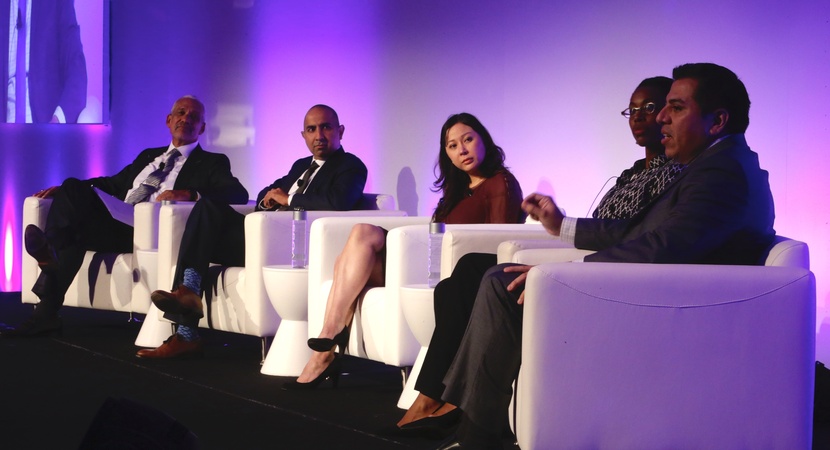 Robert Grey (moderator) interviews a group of Fellows Alumni about their experiences in the program--and the profession. L to R: Grey, Dinesh Melwani, Cyndie Chang, Crystal Barnes, and Jimmy Alaniz. (Photo by Joe Mahoney)