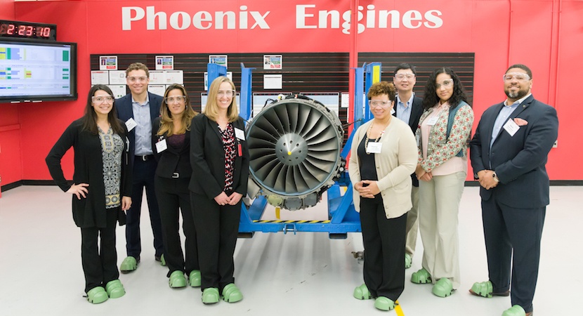 With eyes and feet protected, Fellows tour Honeywell's engine manufacturing and test facility. Photo by George Tenney.