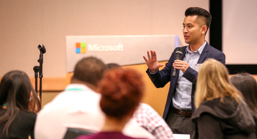 Jeremy Tran of O'Melveny & Myers makes a point at the two-day Pathfinder meeting hosted by Microsoft in Redmond, Washington. Photo by Jay Haas.