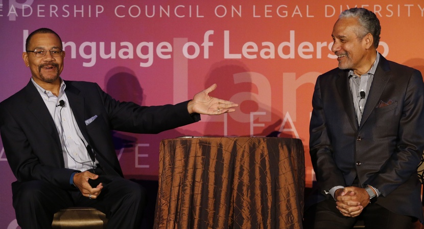 LCLD Founder Rick Palmore, left, shared wisdom with Fellows during a Saturday morning Language of Leadership session with Robert Grey, president of LCLD. (Photo by Joe Mahoney)