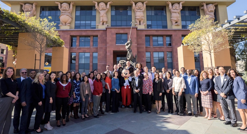 Alan Braverman (center, in gray suit) and Mickey Mouse welcomed three dozen LCLD Fellows to The Walt Disney Company for the final Learning Experience of 2017. (Photo courtesy The Walt Disney Company)