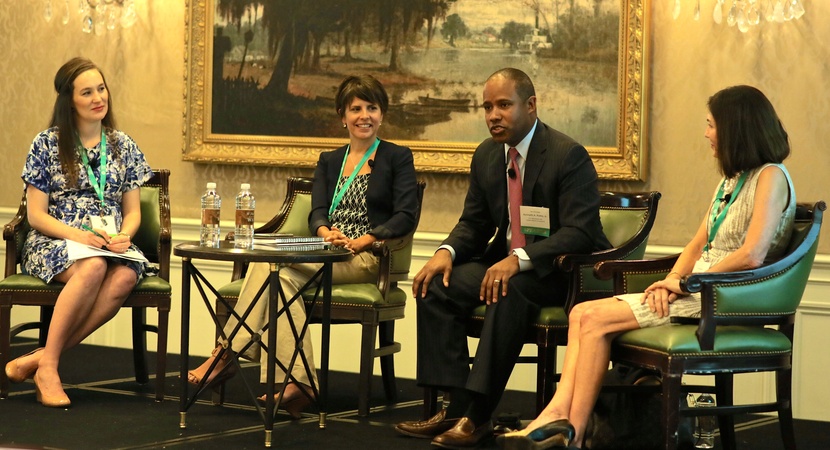 On Friday, the Fellows Alumni heard from a judicial panel with (L to R):  Moderator Lauren Campisi (2011 Fellow); and Hon. Marta Chou, (2012 Fellow), Hon. Kenneth Polite, and Hon. Susie Morgan. (Photo by Charles Belt)