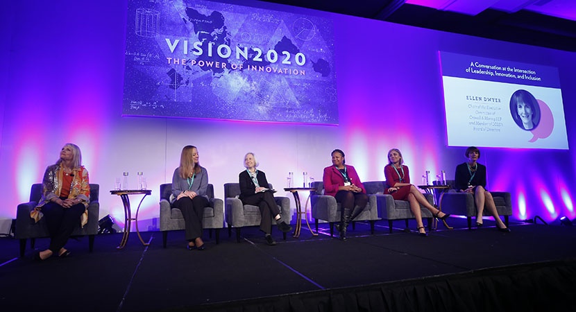 R to L: Ellen Dwyer, Kim Rivera, Deneen Donnley, Former Harvard Law Dean Martha Minow, Dev Stahlkopf, and Laura Stein speak on a panel to LCLD Members at the 2018 Annual Membership Meeting. (Photo by Joe Mahoney)