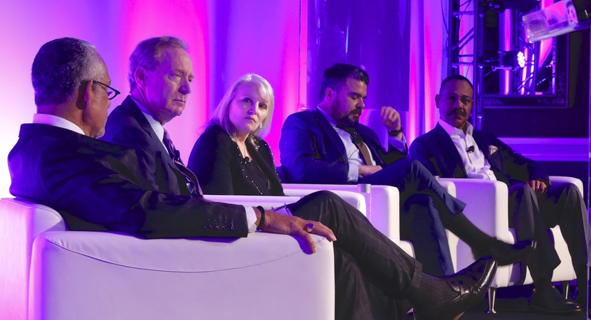 Past Chairs reflect on what LCLD has accomplished and the challenges that remain. From left: Robert Grey (moderator), Brad Smith, Laura Stein, Wally Martinez, and Rick Palmore. (Photo by Joe Mahoney)