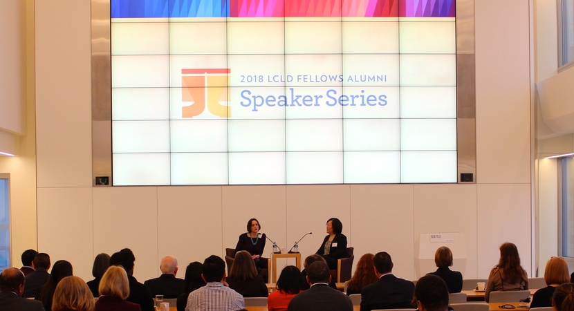 At the inaugural event, Carolyn Frantz spoke to 2016 Pathfinder Jessica Tsaoand LCLD audiences across the U.S. A former Rhodes Scholar, Frantz serves as VP, Corporate Secretary, and Deputy General Counsel of Microsoft Corp. (Photo by Jason Barnwell)