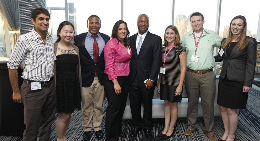 Microsoft 2014 1L Scholars with Lori Lorenzo (c, l), LCLD Program Dir., Michael-Bryant Hicks (c), 2013 Fellow & General Counsel, Providence Service Corp., and Louise Bald (c, r), Program Mgr., at the 2014 1L LCLD Scholars Summit. (Photo by Joe Mahoney)