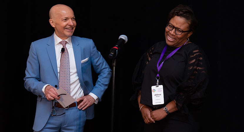 Speaker Chris De Santis works with 2019 Fellow Althea Brown, Senior Counsel at Google. (Photo by Wilma Jackson)