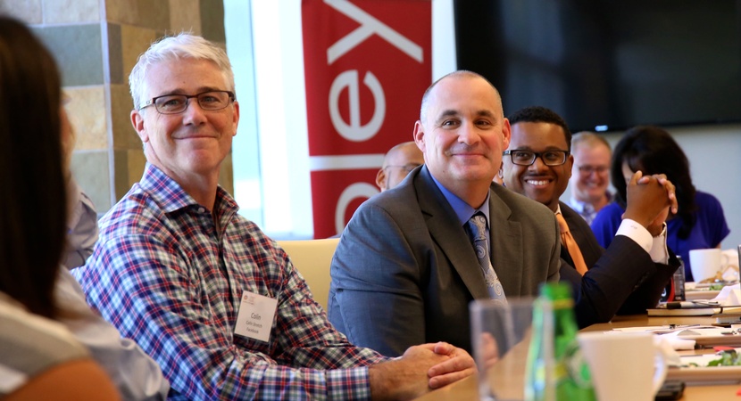 At a Leadership Lunch in the Palo Alto offices of Cooley LLP, Colin Stretch (left), the General Counsel of Facebook, joined Cooley CEO and LCLD Member Joe Conroy (center), for a free-wheeling discussion with the LCLD Fellows. (Photo by David Gonzales)