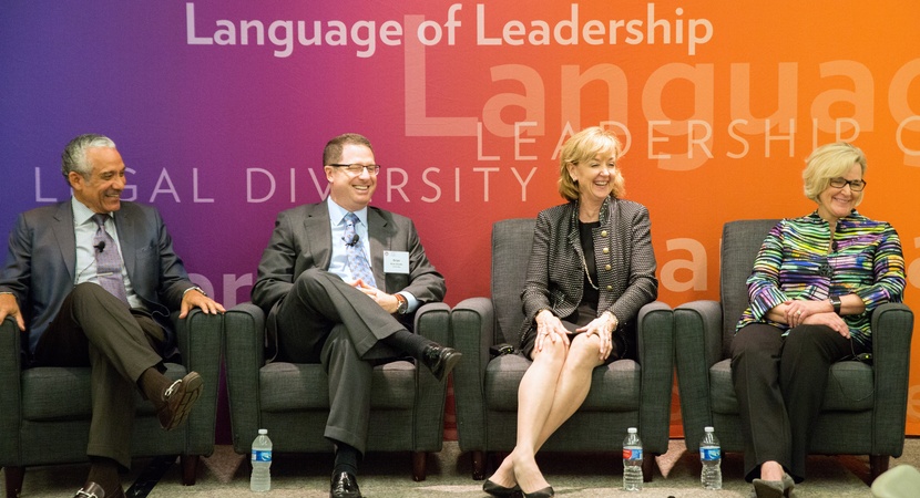 On stage at the first Sustainable Partnerships meeting in Washington are moderator Robert Grey and three GC's: Brian Brooks of Fannie Mae, Maryanne Lavan of Lockheed Martin, and Cynthia Gibson of Scripps Network Interactive. (Photos by Jay Haas)