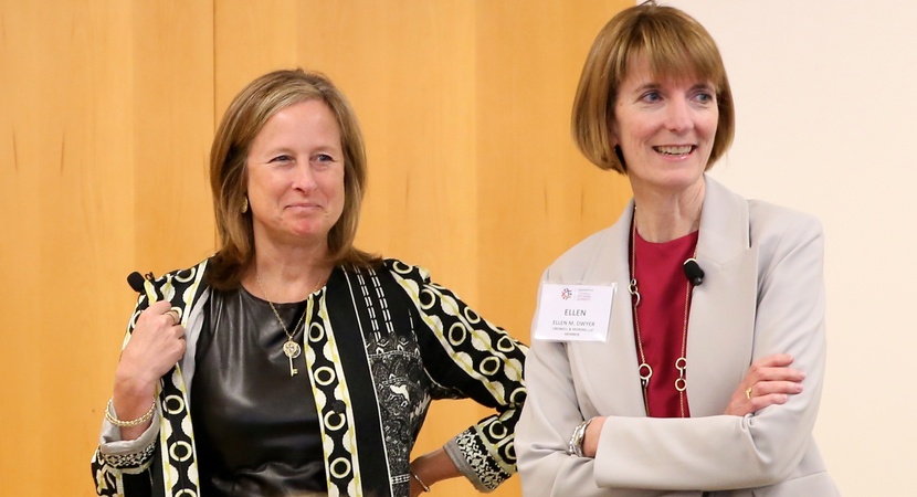 At Crowell & Moring's Washington D.C. headquarters, Kate Adams, left, and Ellen Dwyer engaged in an in-depth discussion about the future of the legal profession. (Photo by Jay Haas).