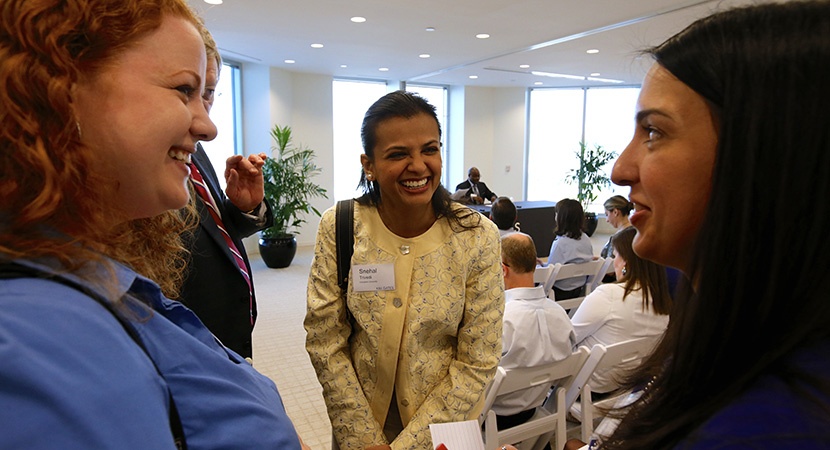 Left to right: Jennifer Hall (Troutman Sanders), Snehal Trivedi (3L student at Campbell University), and Whitney Waldenberg (Troutman Sanders) at the Group Mentoring Program event hosted by K&L Gates in Durham, NC, April 2013. (Photo by Joe Mahoney)