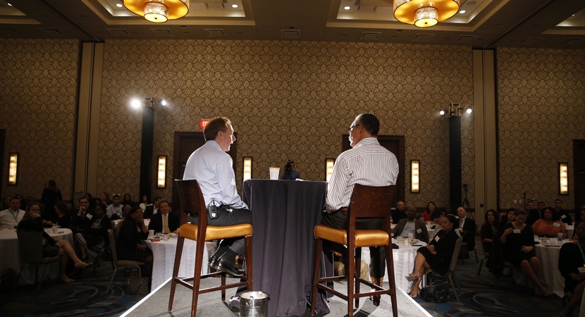 2015 and 2016 Fellows gathered to hear Brad Smith (left), president of Microsoft, interviewed by LCLD president Robert Grey on leadership, diversity, and the 21st century legal profession. Smith also serves as Chair of LCLD's Board. (Photo by Joe Mahoney)