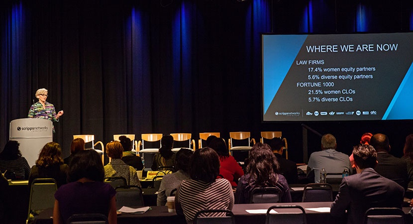 Cynthia Gibson (left), Executive Vice President and Chief Legal Officer at Scripps Networks Interactive, Inc., speaks to the Fellows. (Photo by Brittney Gazaway)