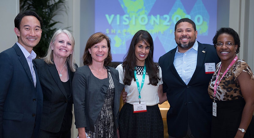 LCLD Board Chair-Elect Laura Stein (2nd, left), GC of Clorox, with 2015 Fellows Darren Teshima, Gillian Thackray, Komal Patel, and Kevin Gooch; and Nancy Richardson, LCLD Program Manager. (Photo by Wilma Jackson)